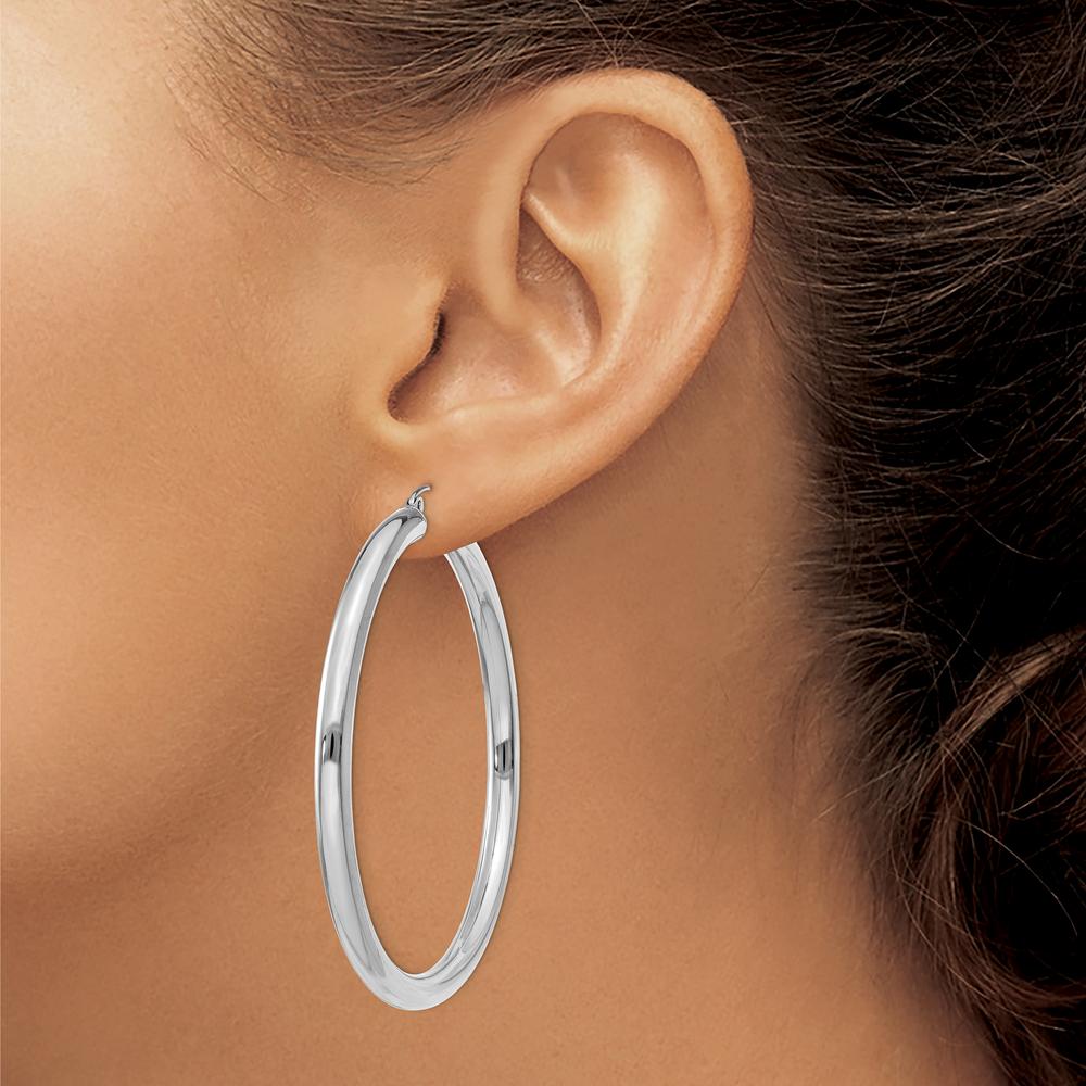14K White Gold Polished 4mm Lightweight Tube Hoop Earrings - 55mm Length by 0