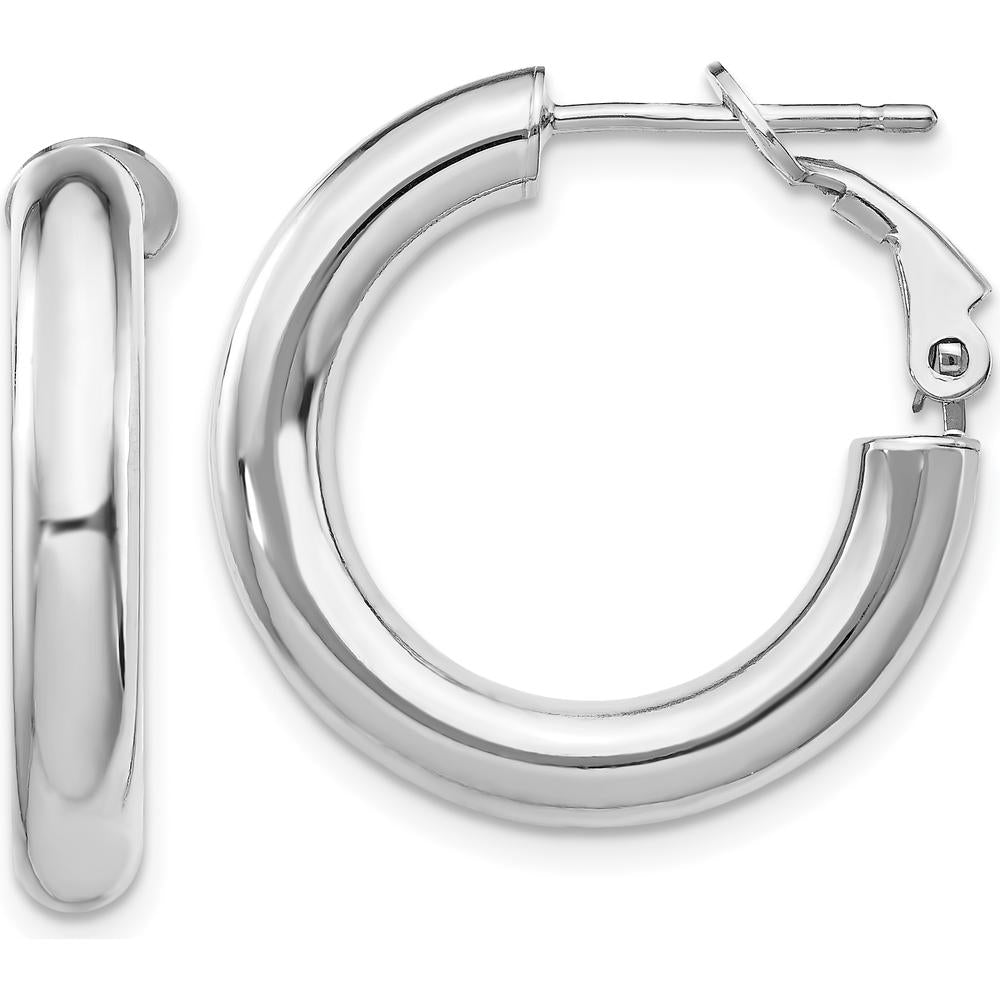 14K White Gold Polished 4x15mm Round Omega Back Hoop Earrings by Oro Pregiato