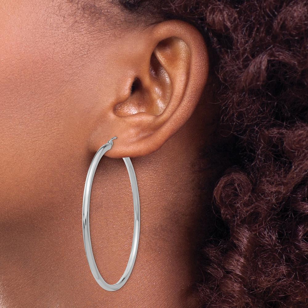 14K White Gold Polished 55mm Tube Hoop Earrings - Rhodium Plated by 0