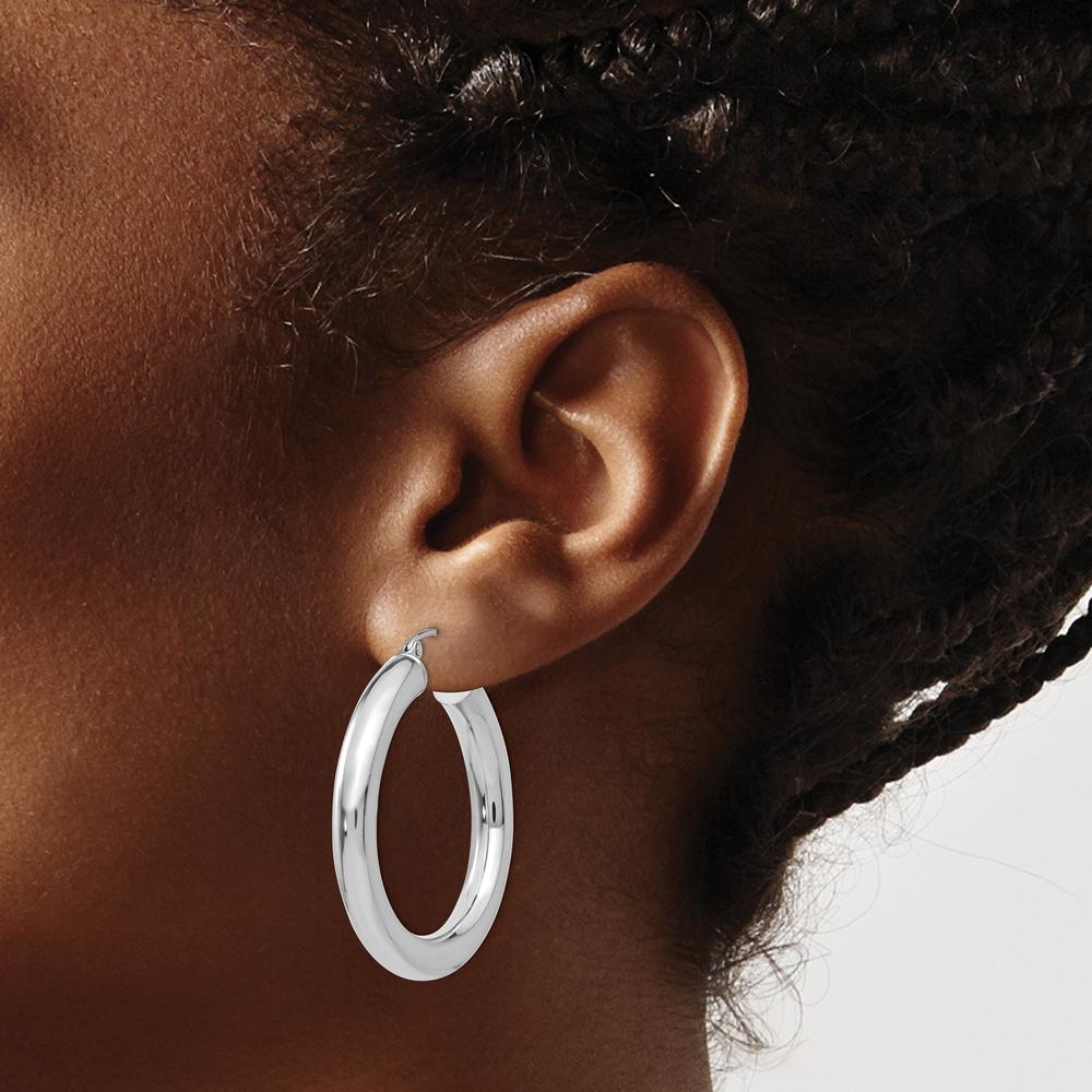 14K White Gold Polished 5mm Tube Hoop Earrings - 35mm Length by 0