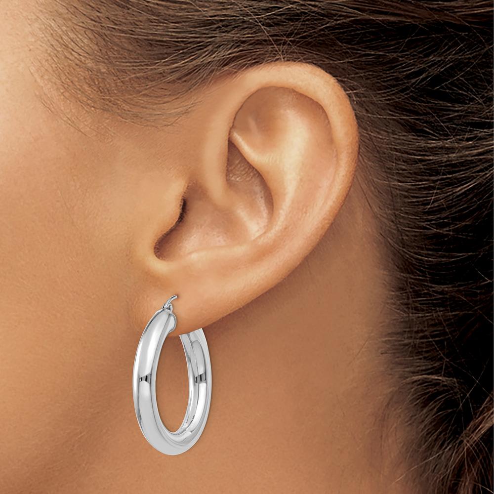 14K White Gold Polished 5mm Tube Hoop Earrings - Rhodium Plated, 30mm Length by 0