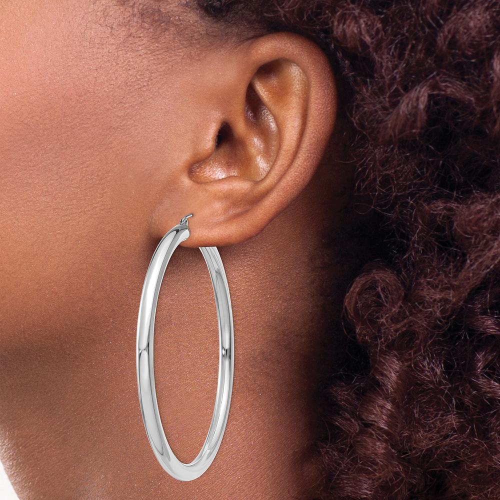 14K White Gold Polished 60mm Tube Hoop Earrings - Lightweight, Elegant Design by 0