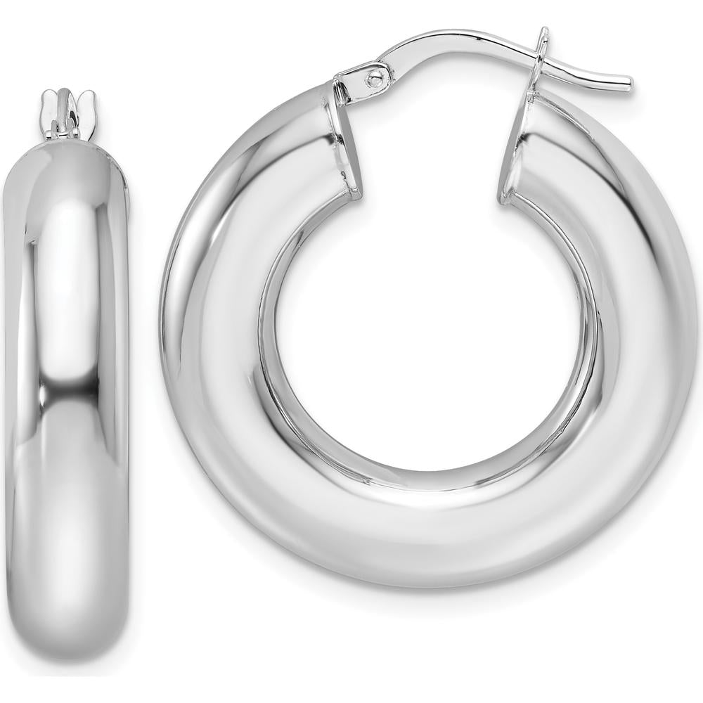 14K White Gold Polished 6mm Hollow Tube Round Hoop Earrings with Rhodium Plating by 0