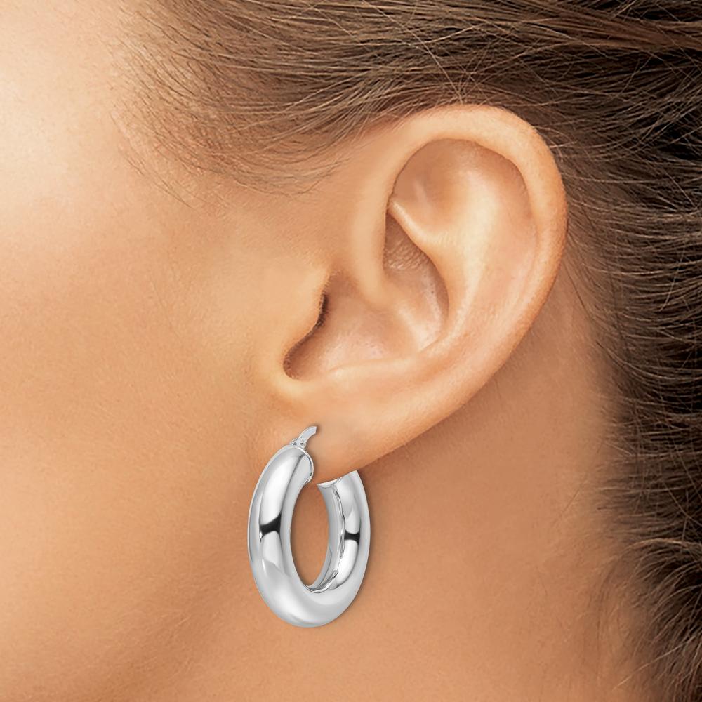 14K White Gold Polished 6mm Hollow Tube Round Hoop Earrings with Rhodium Plating by 0