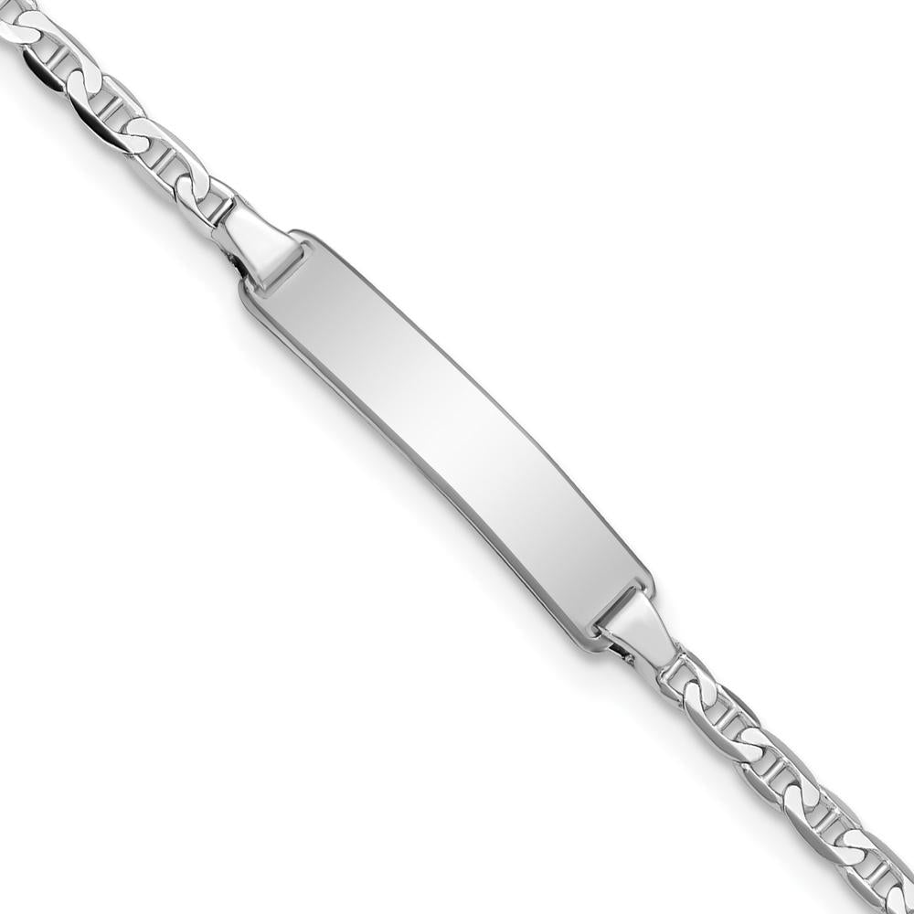 14K White Gold Polished Anchor Link 6" ID Bracelet for Children with Engravable Solid Plate by Oro Pregiato