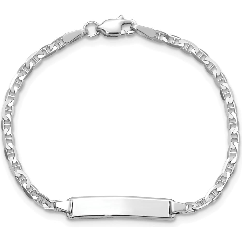 14K White Gold Polished Anchor Link 6" ID Bracelet for Children with Engravable Solid Plate by Oro Pregiato