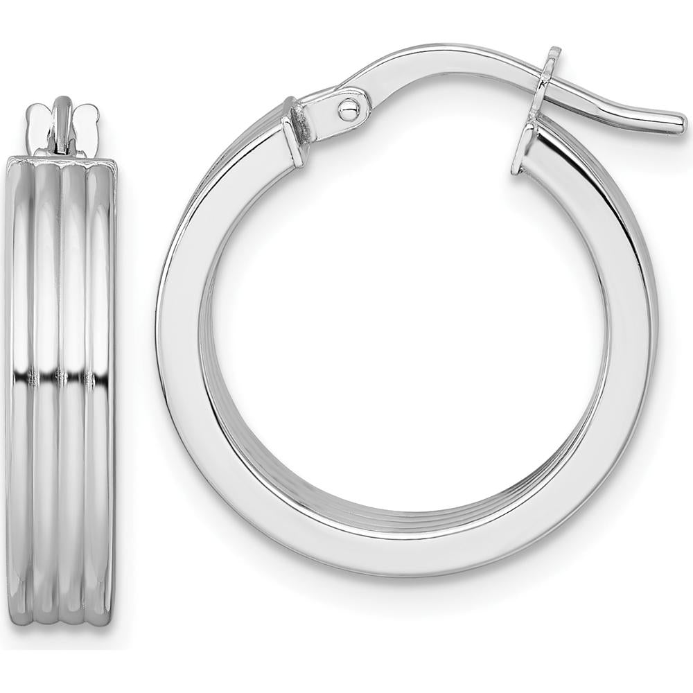 14K White Gold Polished and Grooved 18mm Tube Hoop Earrings by 0