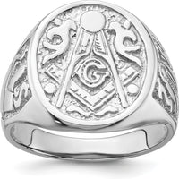 14K White Gold Polished and Grooved Masonic Ring with Round Emblem and Rhodium Finish by IBGoodman