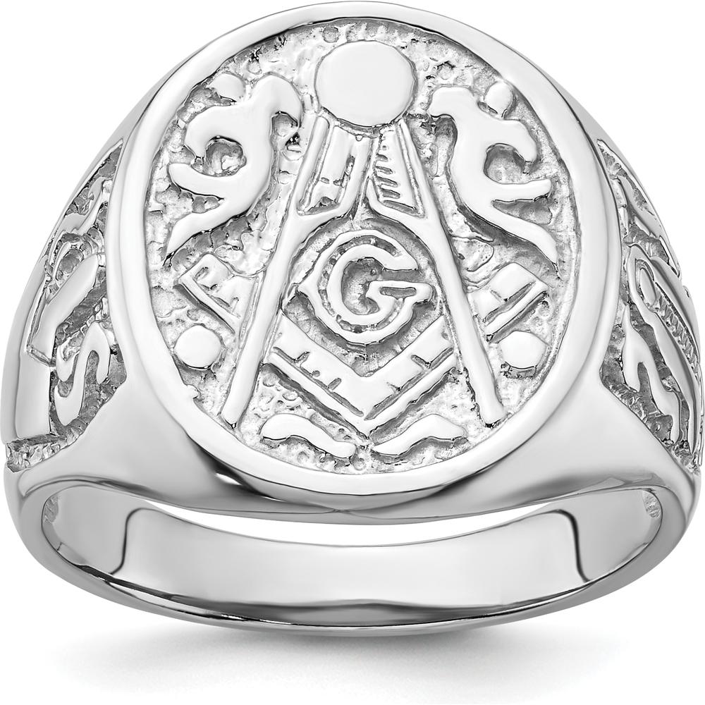14K White Gold Polished and Grooved Masonic Ring with Round Emblem and Rhodium Finish by IBGoodman