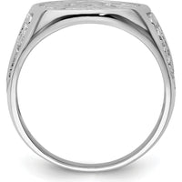 14K White Gold Polished and Grooved Masonic Ring with Round Emblem and Rhodium Finish by IBGoodman