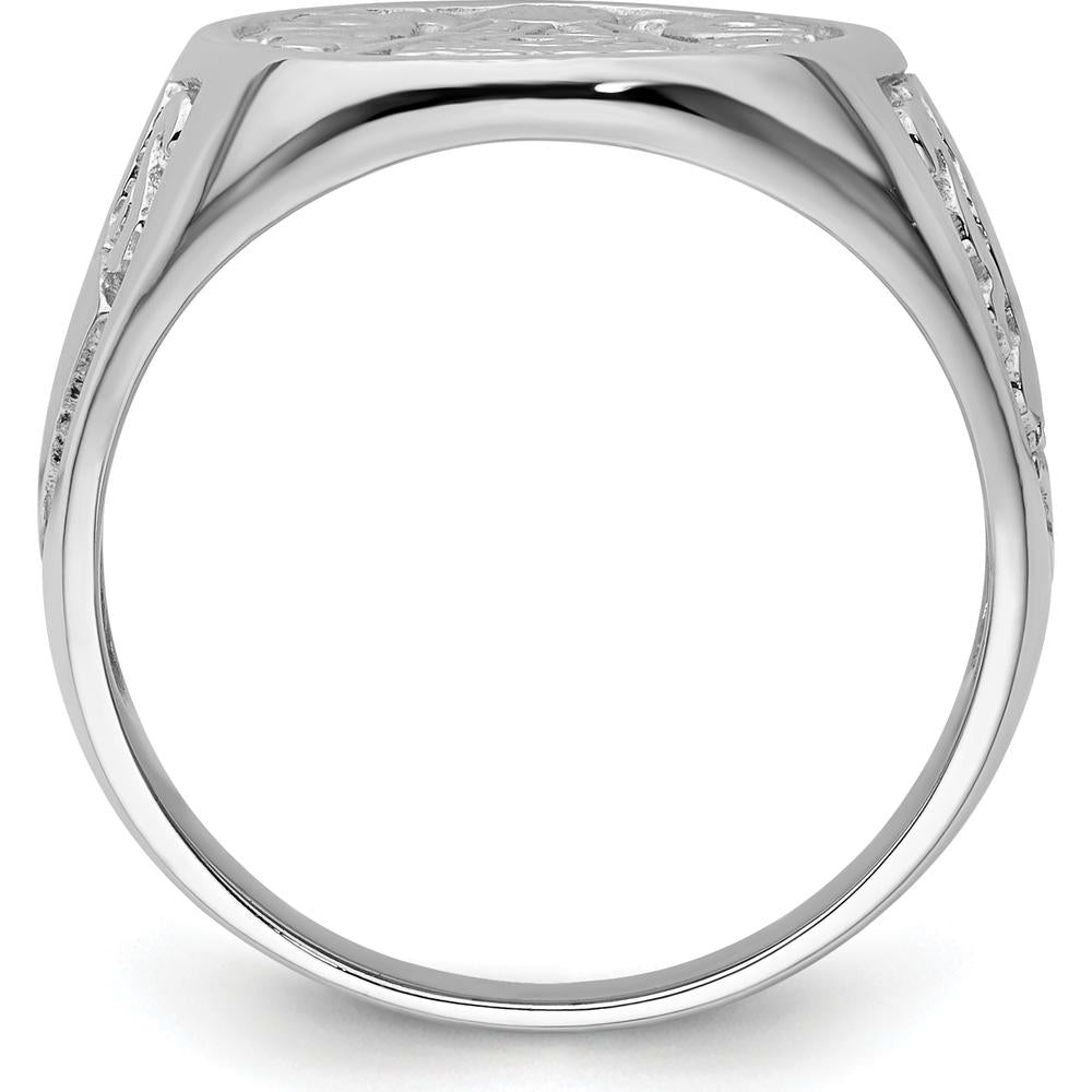 14K White Gold Polished and Grooved Masonic Ring with Round Emblem and Rhodium Finish by IBGoodman