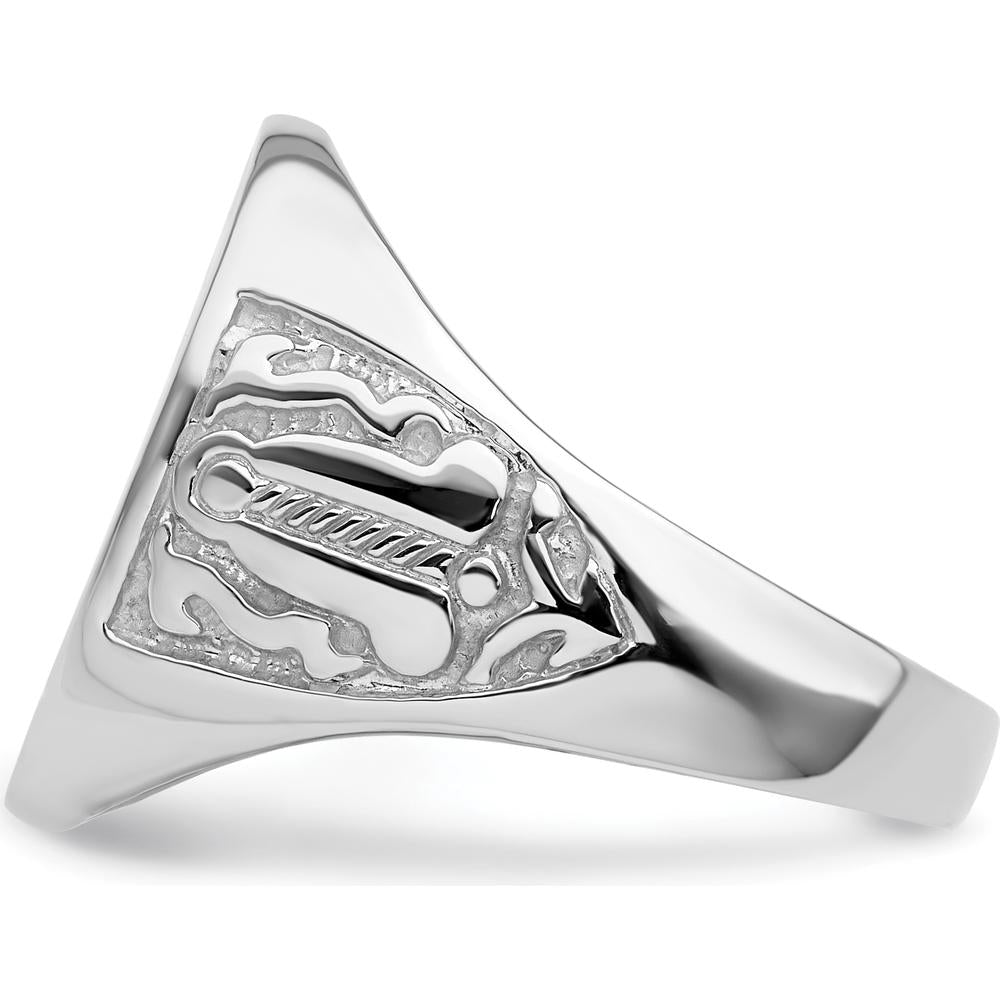 14K White Gold Polished and Grooved Masonic Ring with Round Emblem and Rhodium Finish by IBGoodman