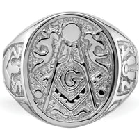 14K White Gold Polished and Grooved Masonic Ring with Round Emblem and Rhodium Finish by IBGoodman