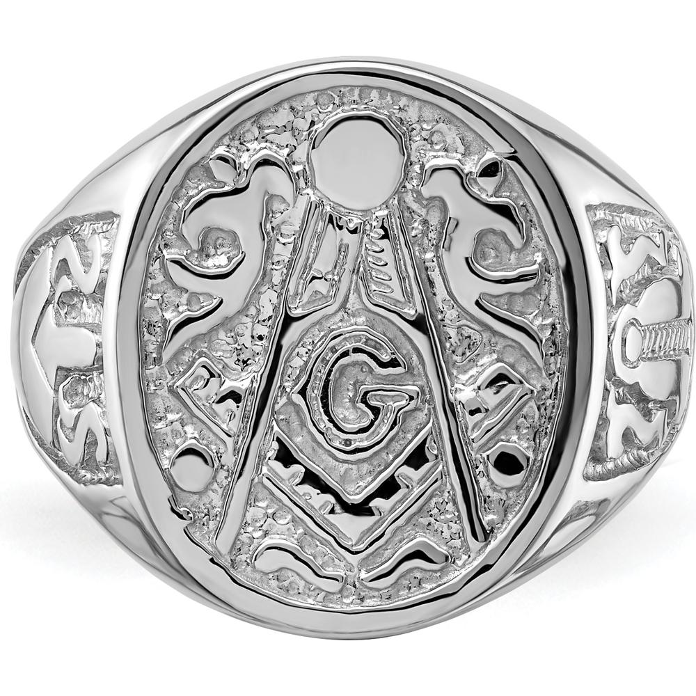 14K White Gold Polished and Grooved Masonic Ring with Round Emblem and Rhodium Finish by IBGoodman