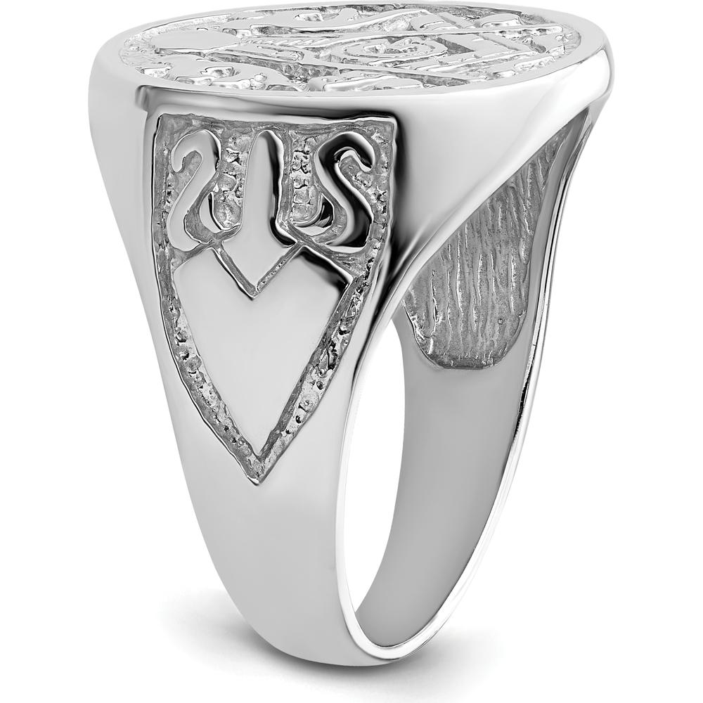 14K White Gold Polished and Grooved Masonic Ring with Round Emblem and Rhodium Finish by IBGoodman
