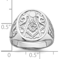 14K White Gold Polished and Grooved Masonic Ring with Round Emblem and Rhodium Finish by IBGoodman