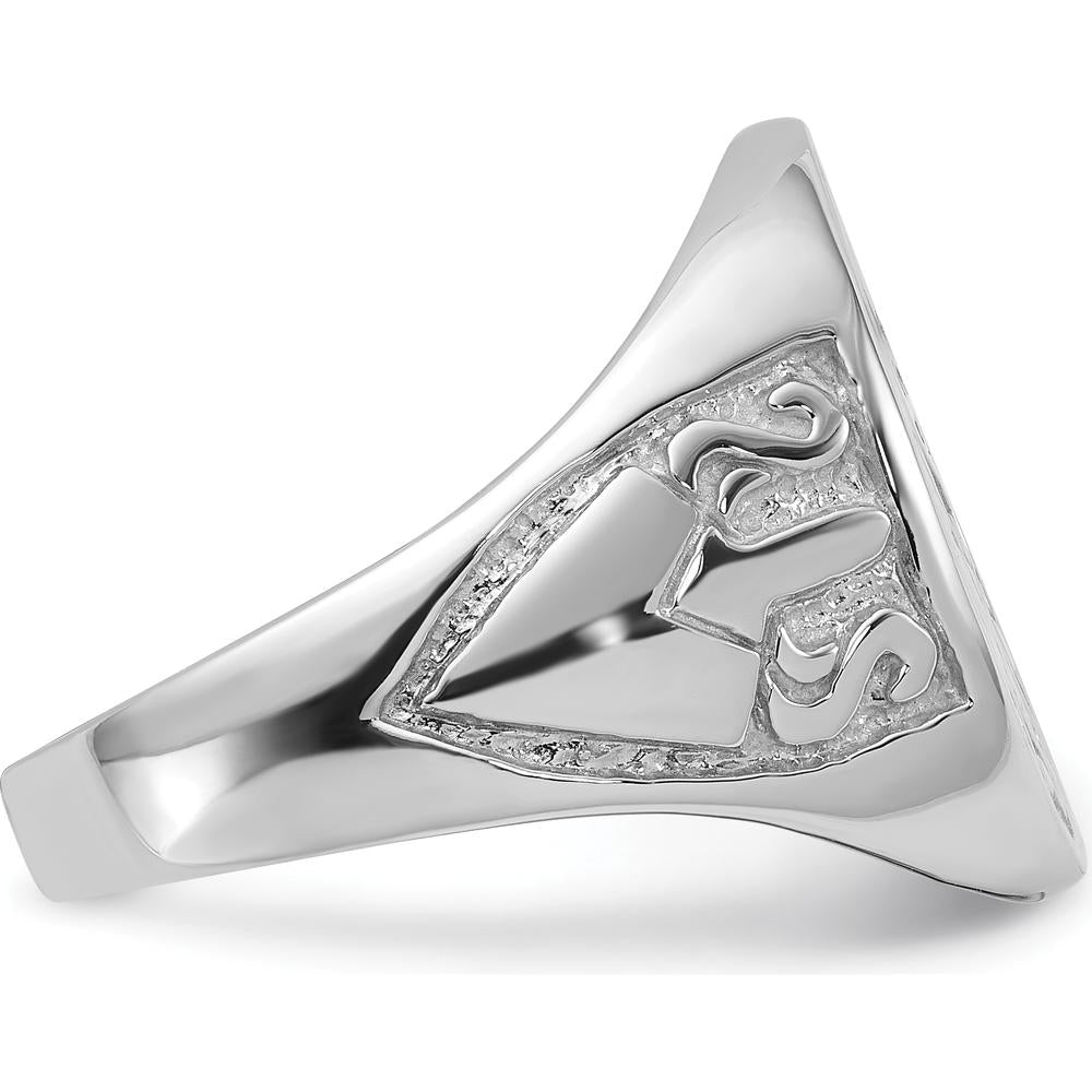 14K White Gold Polished and Grooved Masonic Ring with Round Emblem and Rhodium Finish by IBGoodman