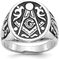 14K White Gold Polished and Grooved Men's Masonic Ring with Black Enamel Detailing by IBGoodman