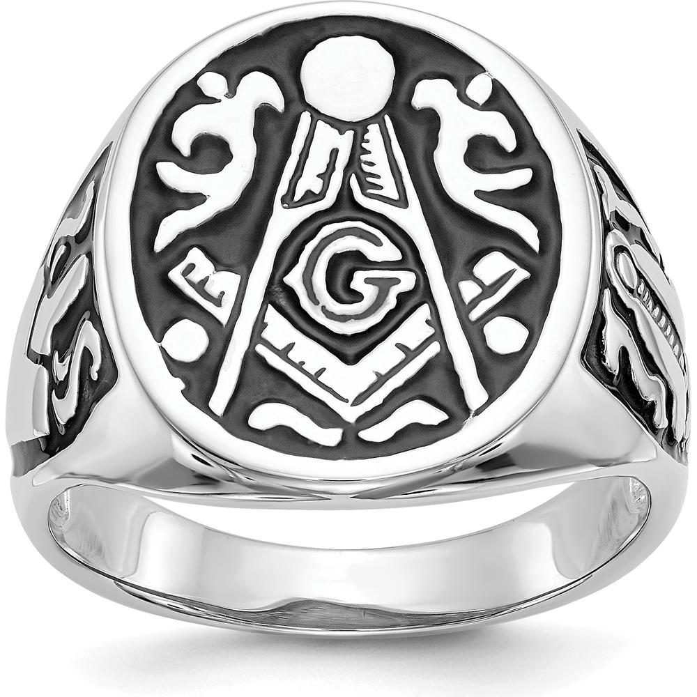 14K White Gold Polished and Grooved Men's Masonic Ring with Black Enamel Detailing by IBGoodman