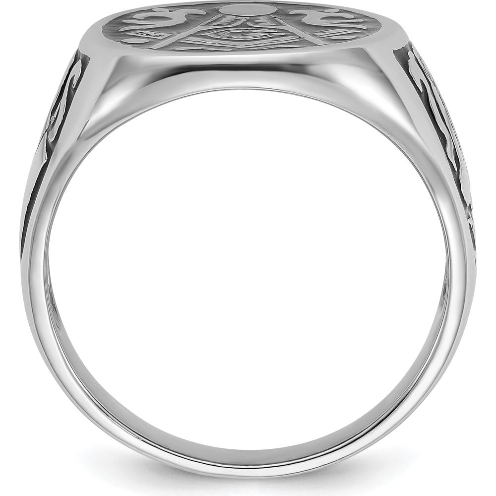 14K White Gold Polished and Grooved Men's Masonic Ring with Black Enamel Detailing by IBGoodman