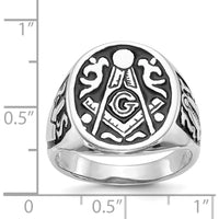 14K White Gold Polished and Grooved Men's Masonic Ring with Black Enamel Detailing by IBGoodman