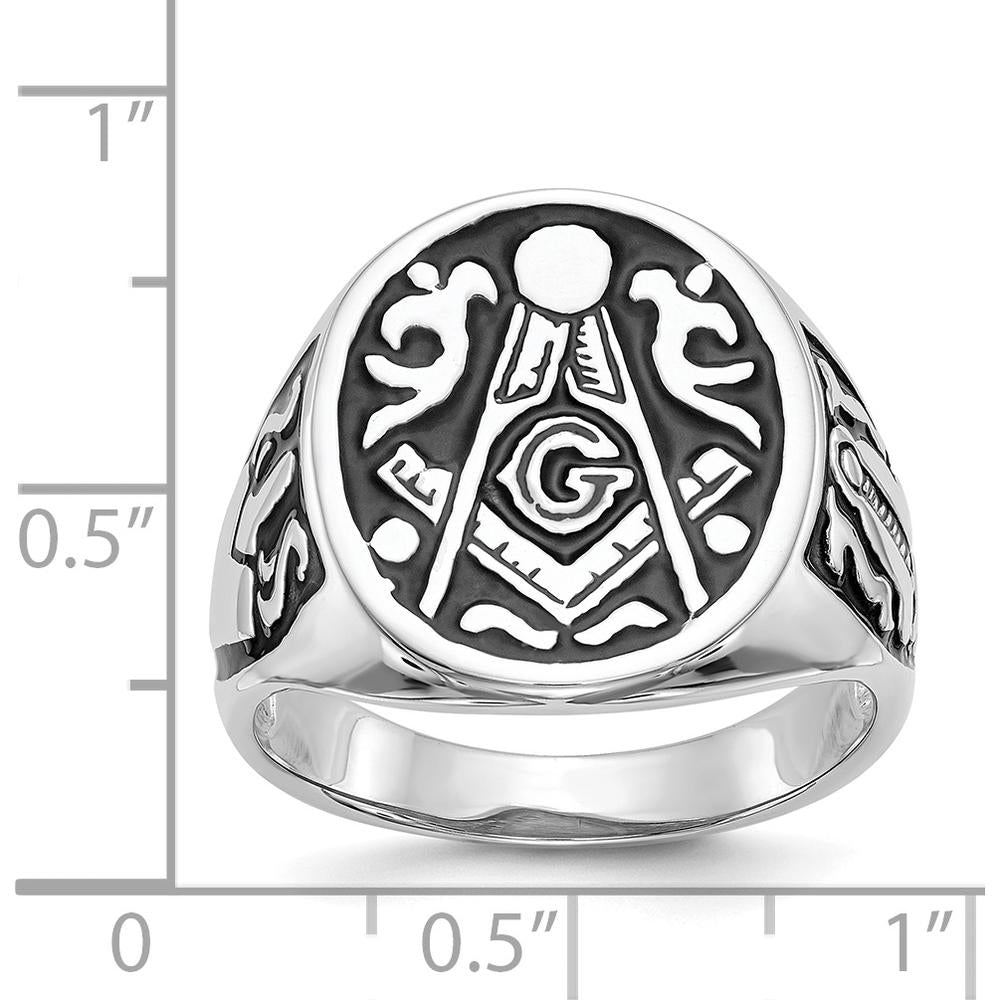 14K White Gold Polished and Grooved Men's Masonic Ring with Black Enamel Detailing by IBGoodman