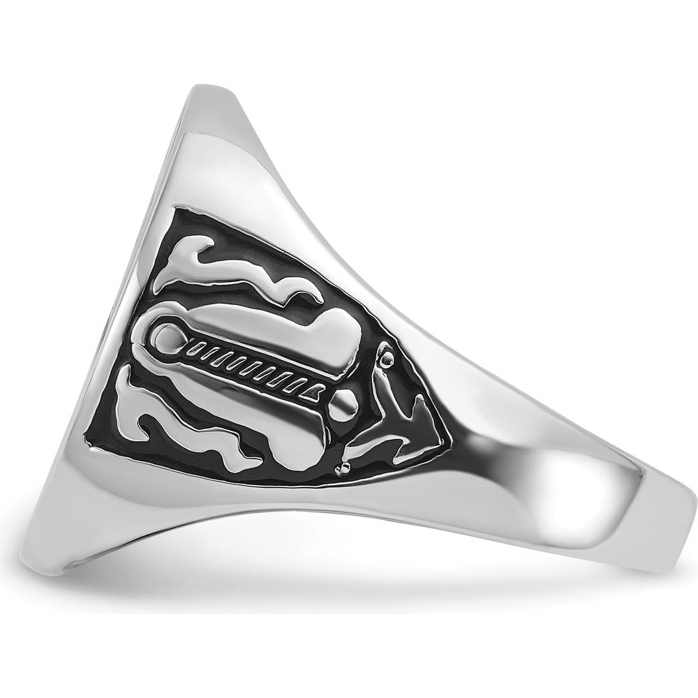 14K White Gold Polished and Grooved Men's Masonic Ring with Black Enamel Detailing by IBGoodman