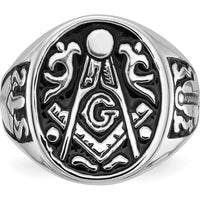 14K White Gold Polished and Grooved Men's Masonic Ring with Black Enamel Detailing by IBGoodman