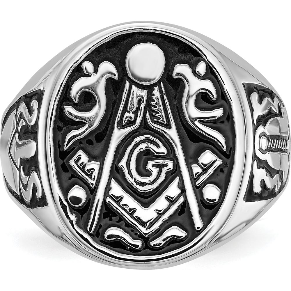 14K White Gold Polished and Grooved Men's Masonic Ring with Black Enamel Detailing by IBGoodman