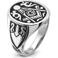 14K White Gold Polished and Grooved Men's Masonic Ring with Black Enamel Detailing by IBGoodman