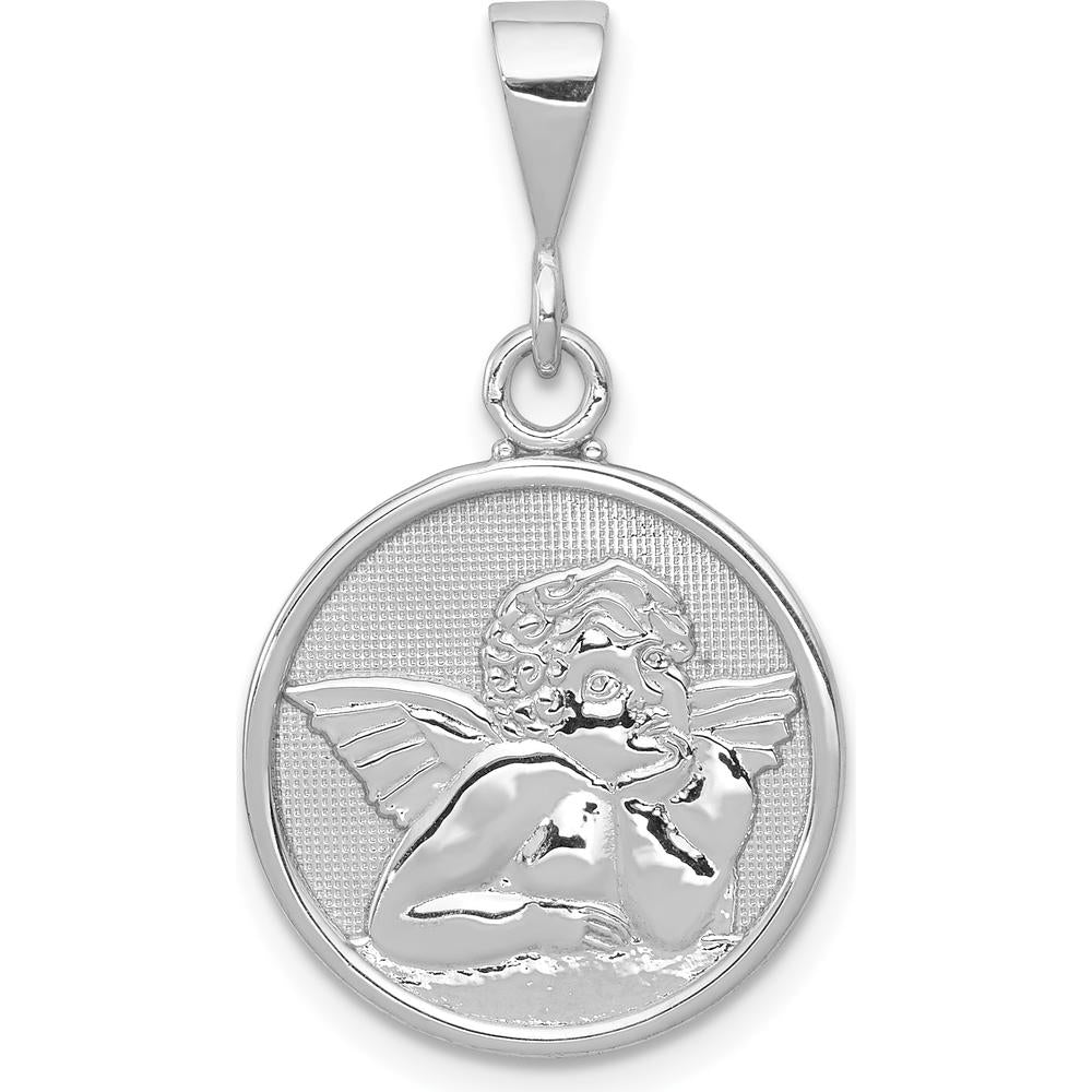 14K White Gold Polished and Satin Angel Pendant - 29mm Length, Rhodium Plated by Oro Pregiato
