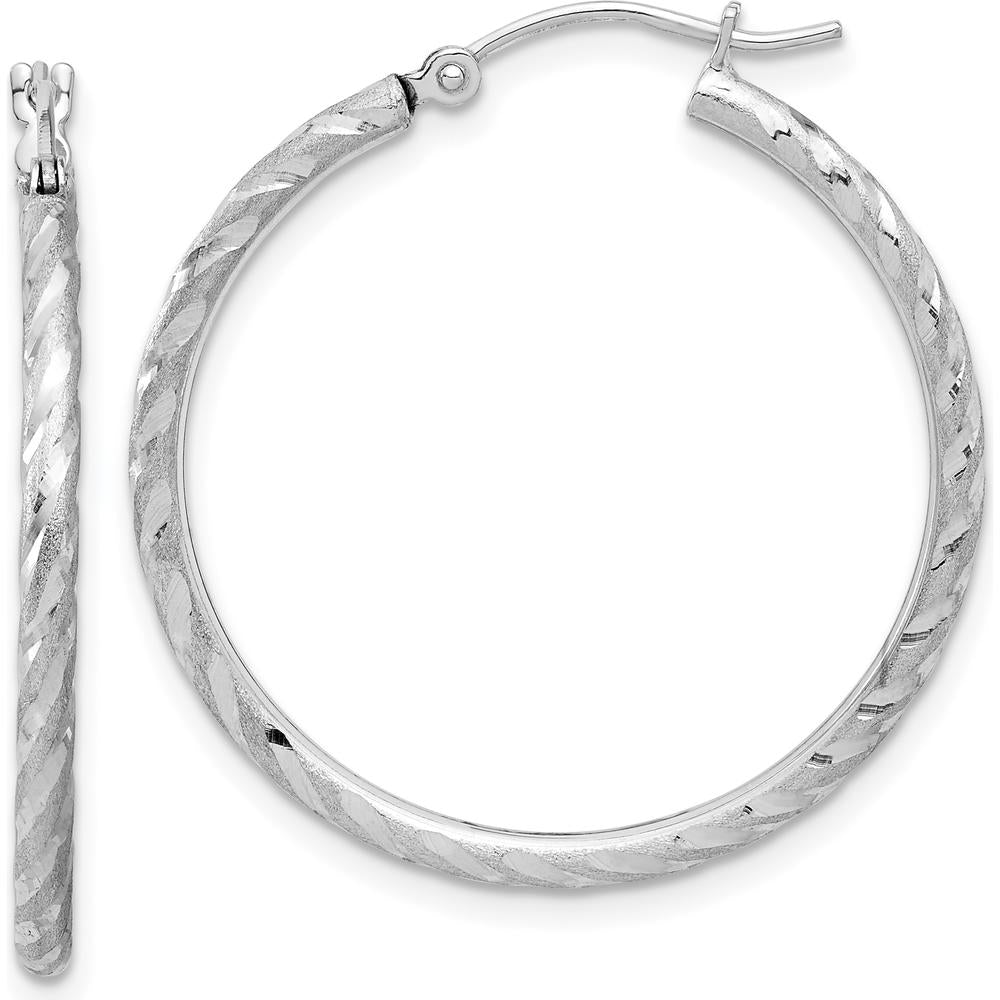 14K White Gold Polished and Satin Diamond-Cut 2mm Medium Hoop Earrings by 0