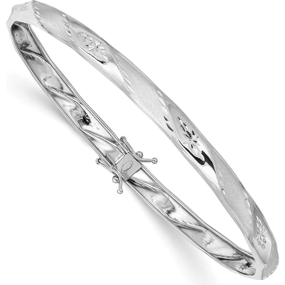 14K White Gold Polished and Satin Diamond-Cut 5.00mm Flexible Round Bangle Bracelet by Oro Pregiato