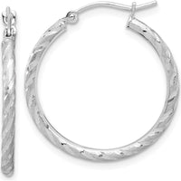 14K White Gold Polished and Satin Diamond-Cut Large Hoop Earrings - 2.00mm Thickness by 0