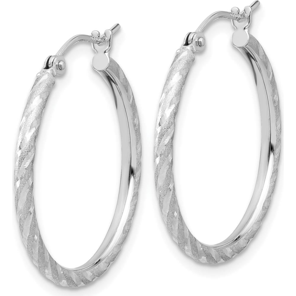 14K White Gold Polished and Satin Diamond-Cut Large Hoop Earrings - 2.00mm Thickness by 0