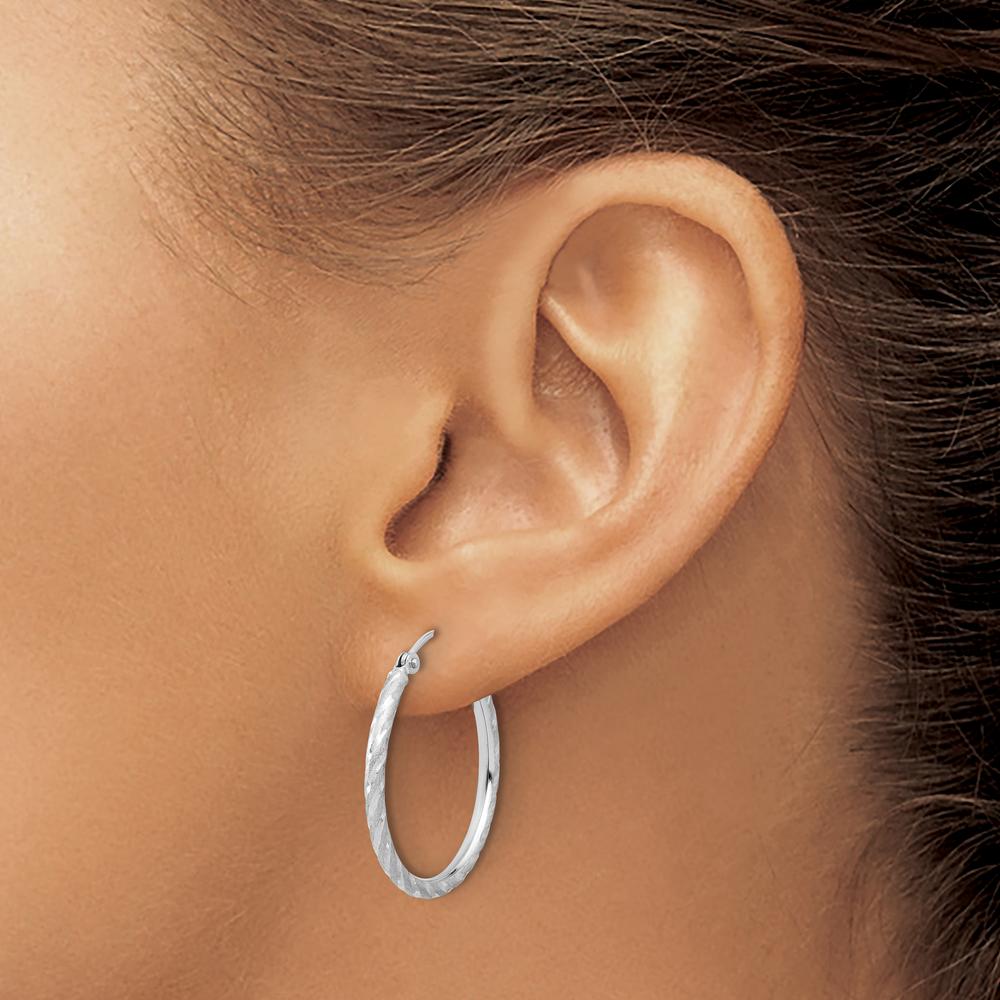 14K White Gold Polished and Satin Diamond-Cut Large Hoop Earrings - 2.00mm Thickness by 0