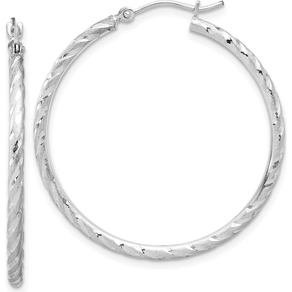 14K White Gold Polished and Satin Diamond-Cut Large Hoop Earrings - 2mm Thickness by 0