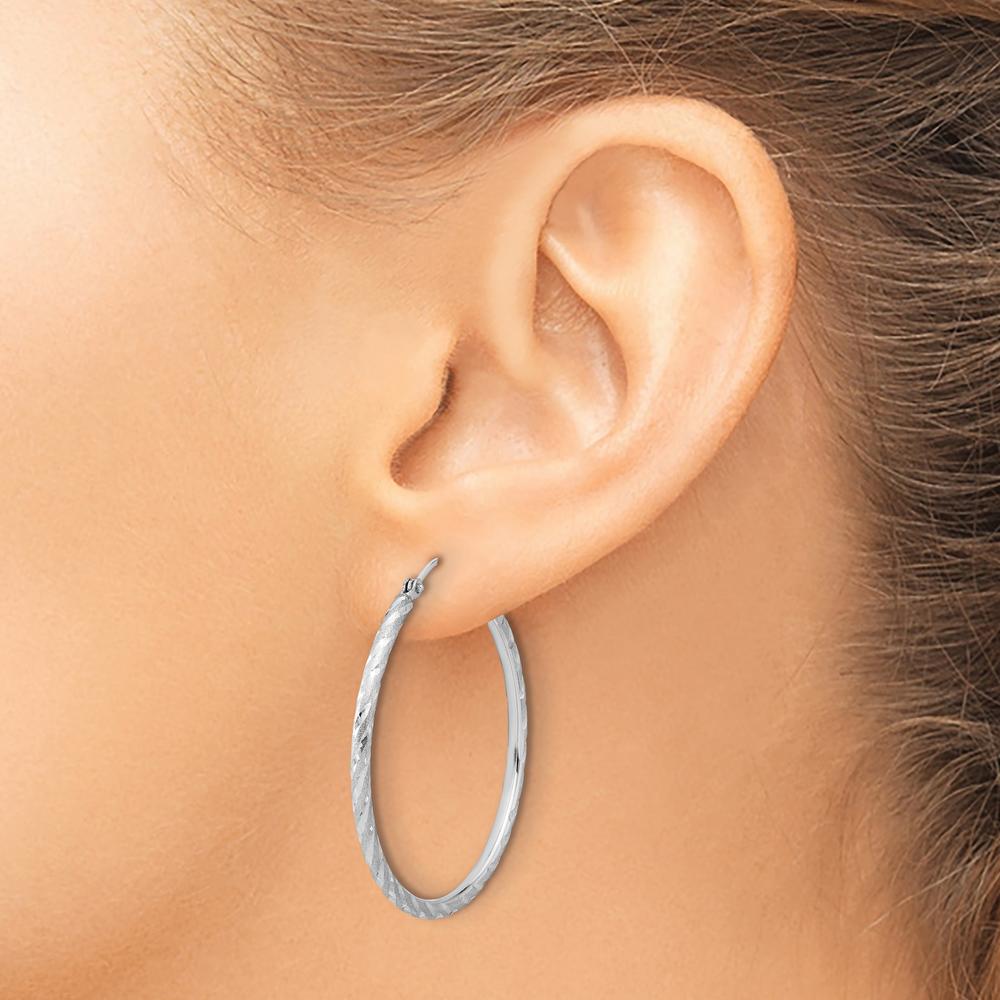 14K White Gold Polished and Satin Diamond-Cut Large Hoop Earrings - 2mm Thickness by 0