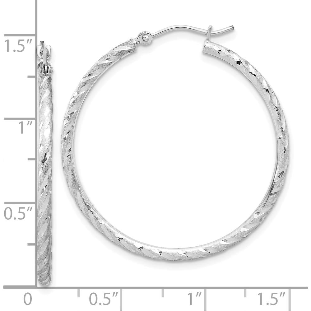 14K White Gold Polished and Satin Diamond-Cut Large Hoop Earrings - 2mm Thickness by 0
