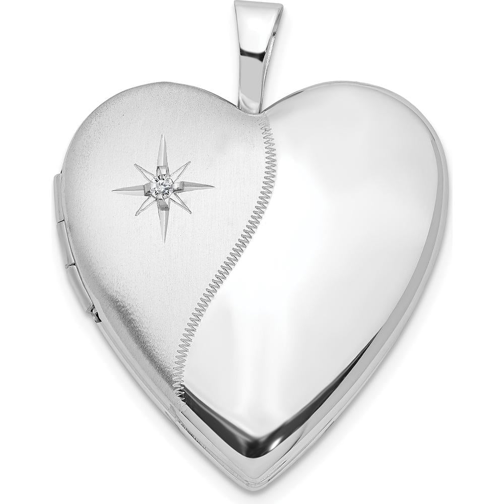 14K White Gold Polished and Satin Diamond Star Heart Locket - 0.010 Carat Diamond Weight by Monteluci Fine Jewelry