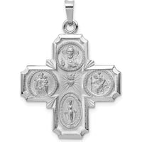 14K White Gold Polished and Satin Four-Way Medal Pendant with Rhodium Plating - 35.75mm Length, 25.7mm Width by Oro Pregiato