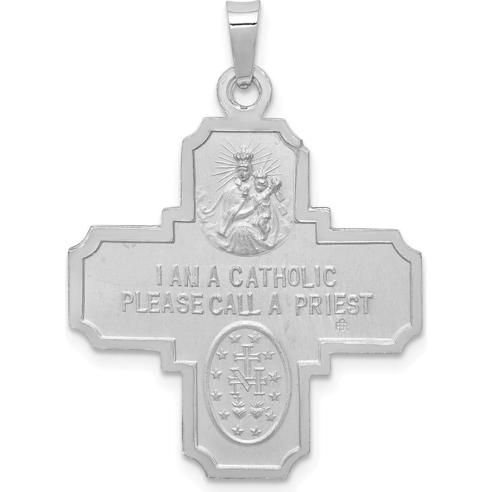 14K White Gold Polished and Satin Four-Way Medal Pendant with Rhodium Plating - 35.75mm Length, 25.7mm Width by Oro Pregiato