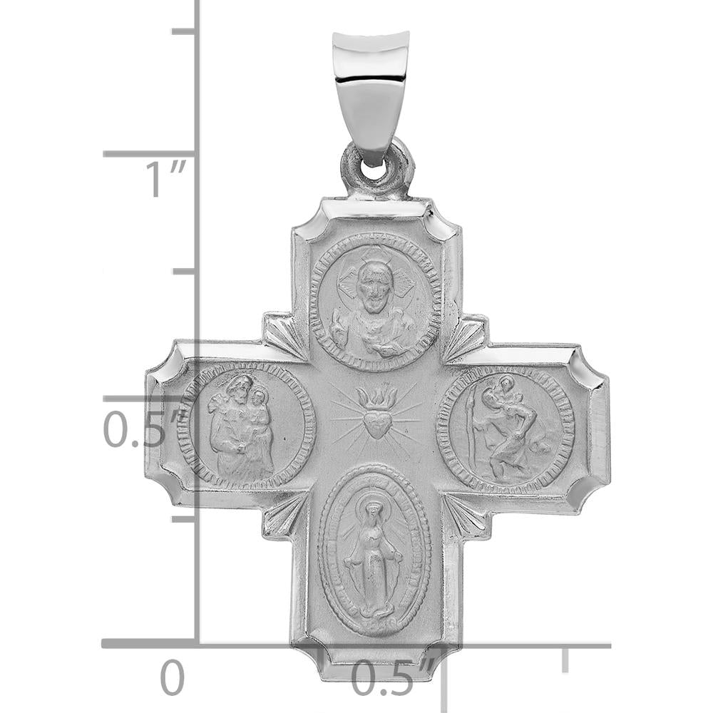 14K White Gold Polished and Satin Four-Way Religious Medal Pendant with Hollow Design - 9.5 Grams by Oro Pregiato