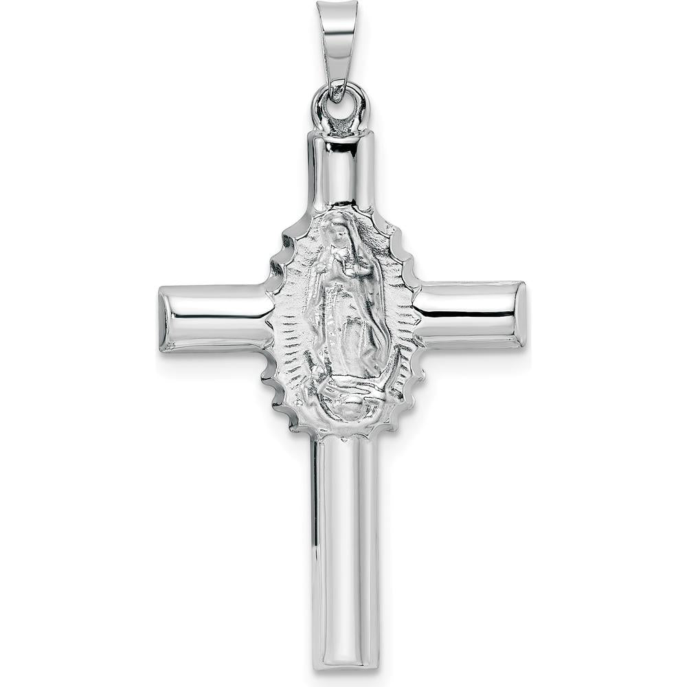 14K White Gold Polished and Satin Hollow Cross Pendant with Our Lady of Guadalupe - 36.7mm Length by Oro Pregiato