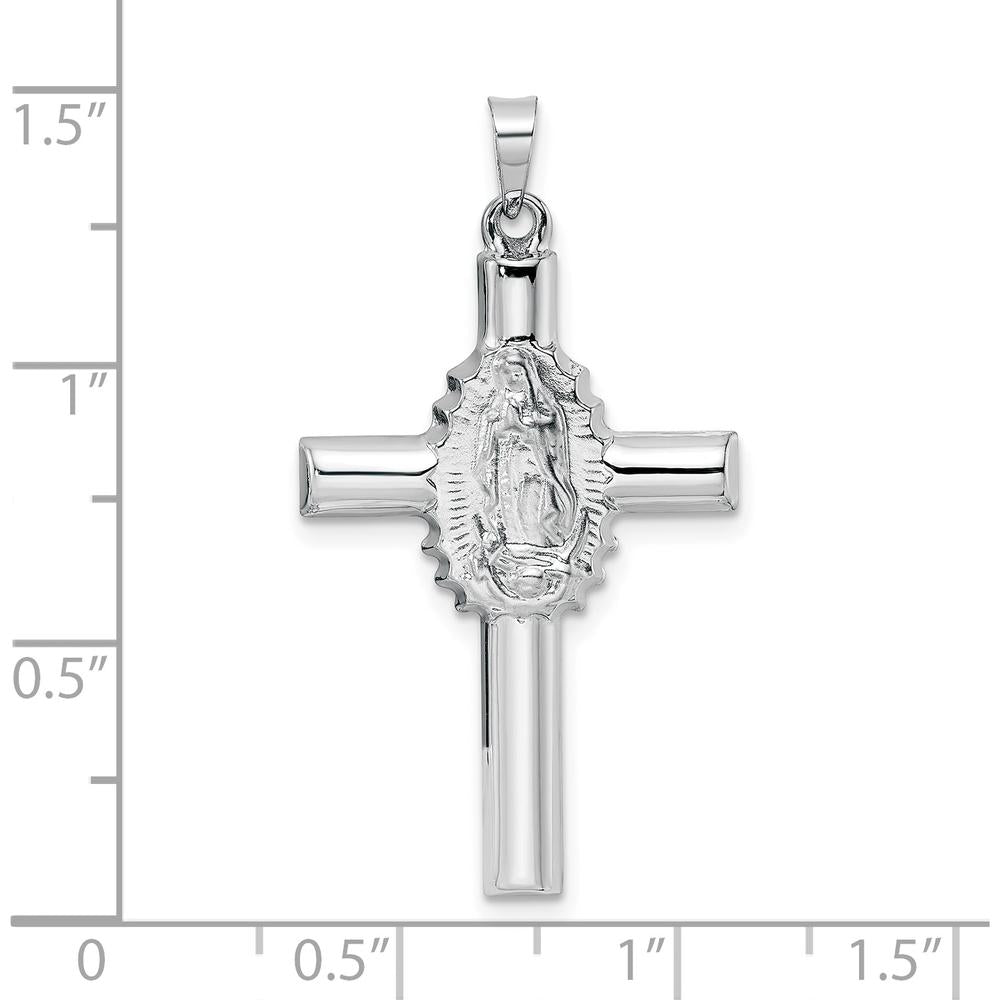 14K White Gold Polished and Satin Hollow Cross Pendant with Our Lady of Guadalupe - 36.7mm Length by Oro Pregiato