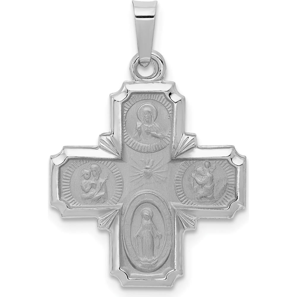 14K White Gold Polished and Satin Hollow Four-Way Cross Medal Pendant - 26.5mm Length by Oro Pregiato
