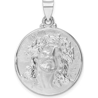 14K White Gold Polished and Satin Hollow Jesus Face Disc Pendant - 28mm Length by Oro Pregiato