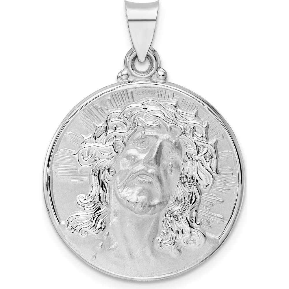 14K White Gold Polished and Satin Hollow Jesus Face Disc Pendant - 28mm Length by Oro Pregiato