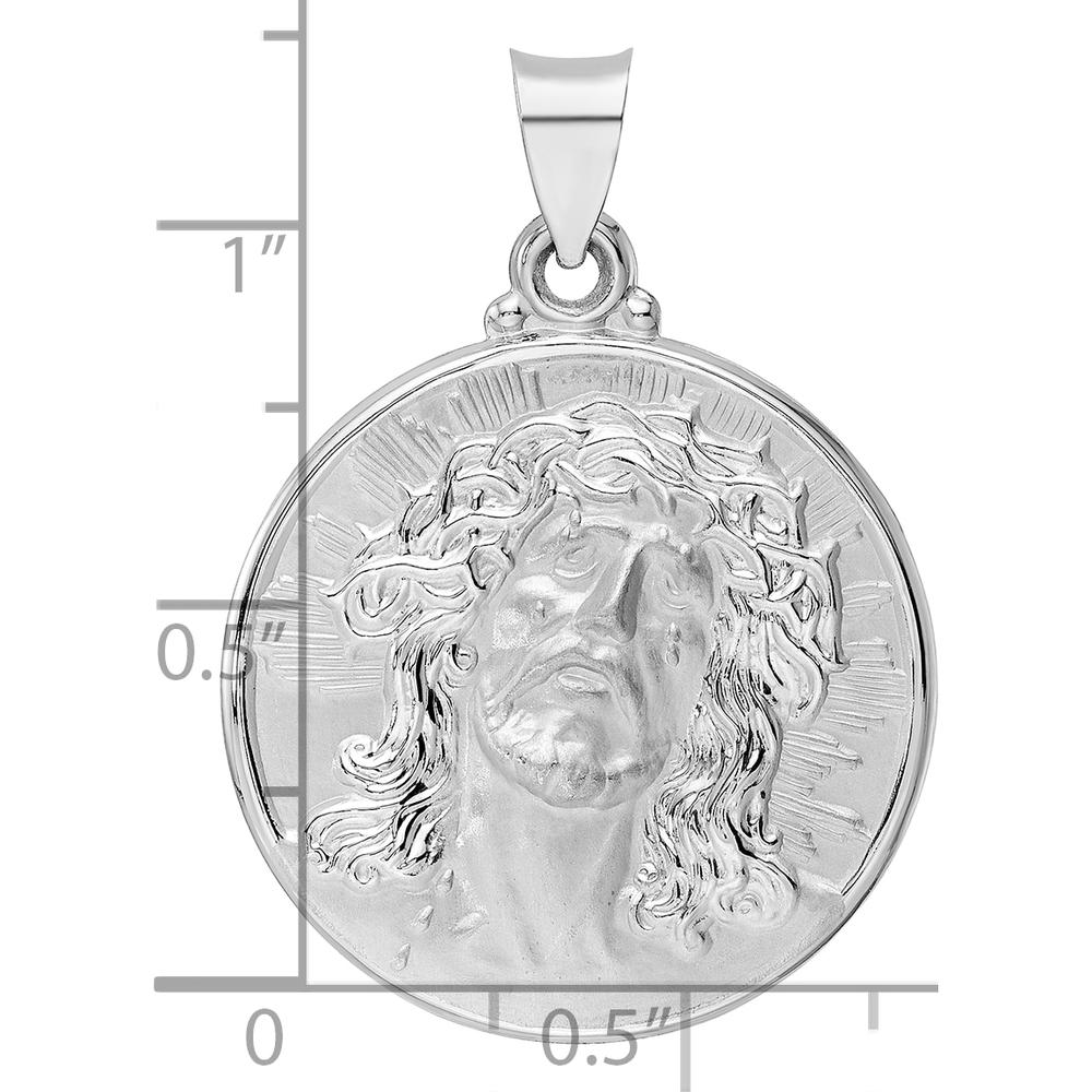 14K White Gold Polished and Satin Hollow Jesus Face Disc Pendant - 28mm Length by Oro Pregiato