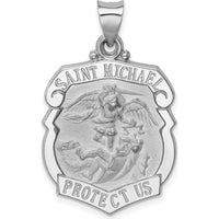 14K White Gold Polished and Satin Hollow Large St. Michael Medal Badge Pendant by Oro Pregiato